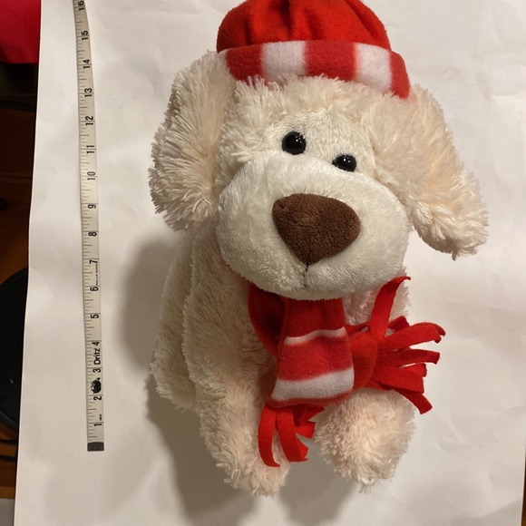 GITZY Valentines Day Plush White Toy Dog Puppy Red Beanie Scarf Brown Nose - Picture 4 of 14